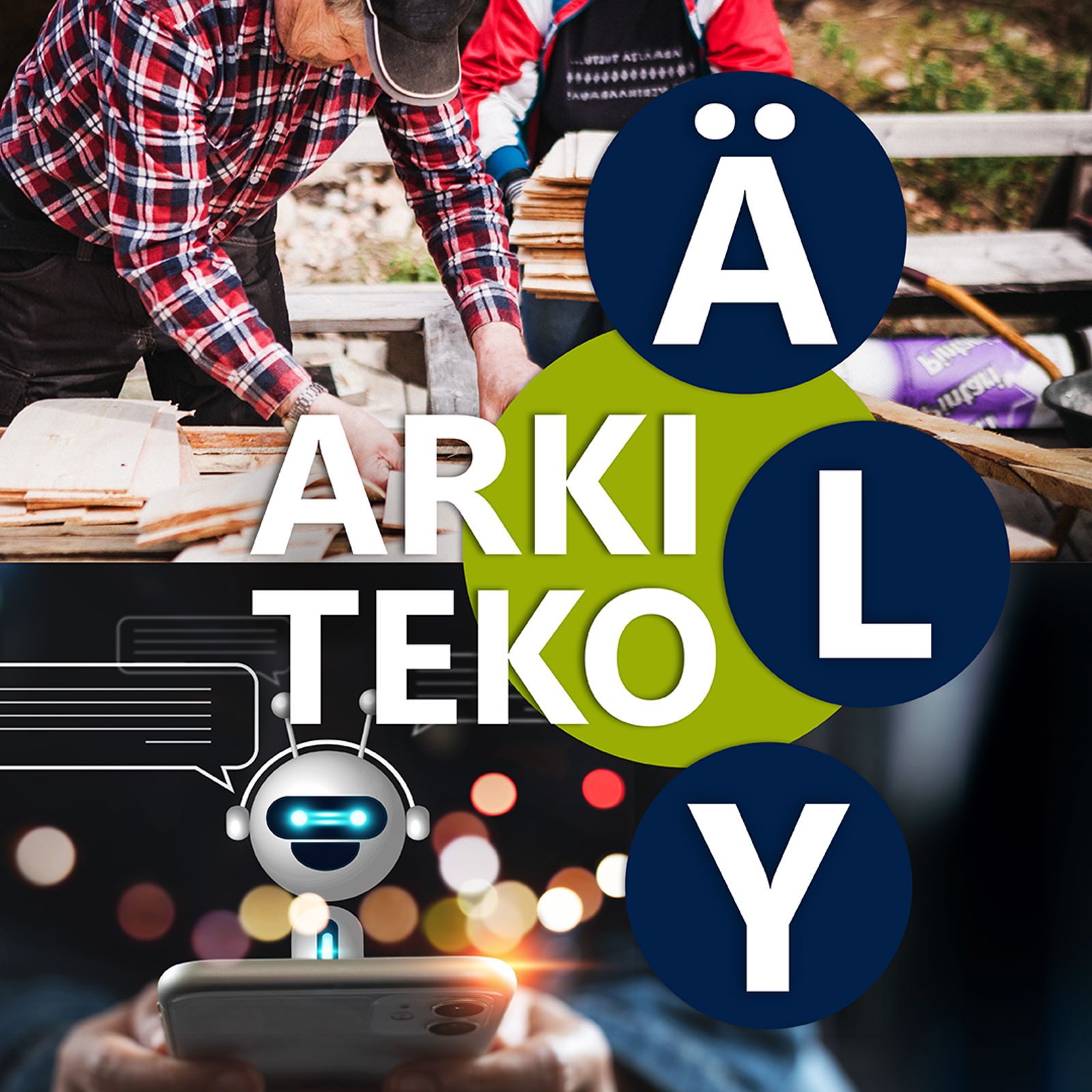 Kuvassa yläosassa paikallinen mies tekemässä puutöitä, alemmassa kuvassa tekoäly botti antamassa vastauksia puhelinta käyttävälle henkilölle.